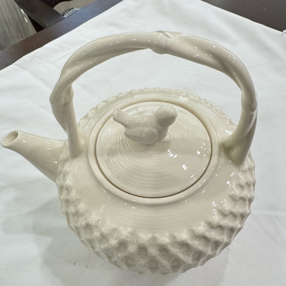 Elegant Cream Ceramic Teapot with Bird Design